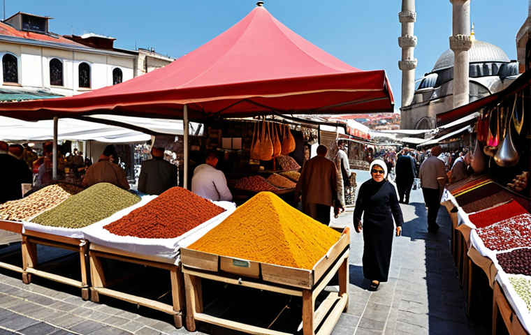 ** A bustling Istanbul marketplace, overflowing with vibrant spices, Turkish delight (lokum), and handwoven carpets. Include diverse shoppers haggling with vendors under colorful awnings, with the iconic silhouette of a mosque in the background. Capture the lively energy and sensory richness of the scene. Style: Realistic, vibrant colors.
**