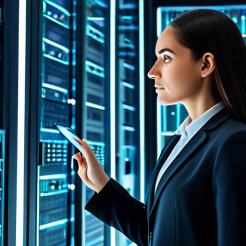 A professional female data manager in a modest business suit, standing in a sleek, modern data center. The background features glowing server racks, abstract digital data streams symbolizing secure data collection and diverse storage solutions, and subtle visual cues hinting at legal compliance and ethical data handling. The manager is observing data inflow on a large transparent screen with a focused expression.