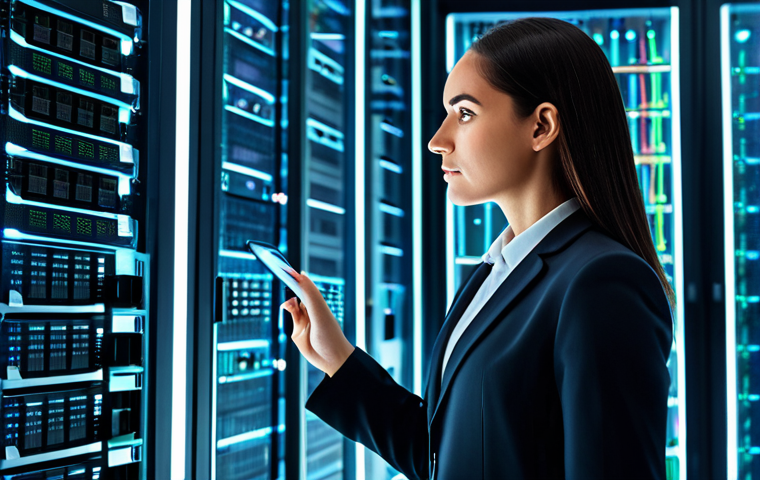 A professional female data manager in a modest business suit, standing in a sleek, modern data center. The background features glowing server racks, abstract digital data streams symbolizing secure data collection and diverse storage solutions, and subtle visual cues hinting at legal compliance and ethical data handling. The manager is observing data inflow on a large transparent screen with a focused expression.