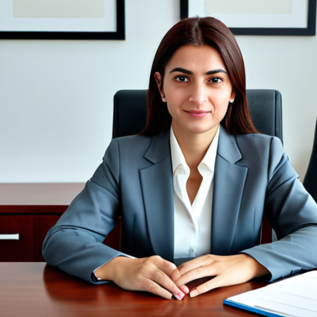 ** A professional businesswoman in a modest business suit, sitting at a desk in a modern Istanbul office, fully clothed, appropriate attire, safe for work, perfect anatomy, natural proportions, professional photography, high quality.
**