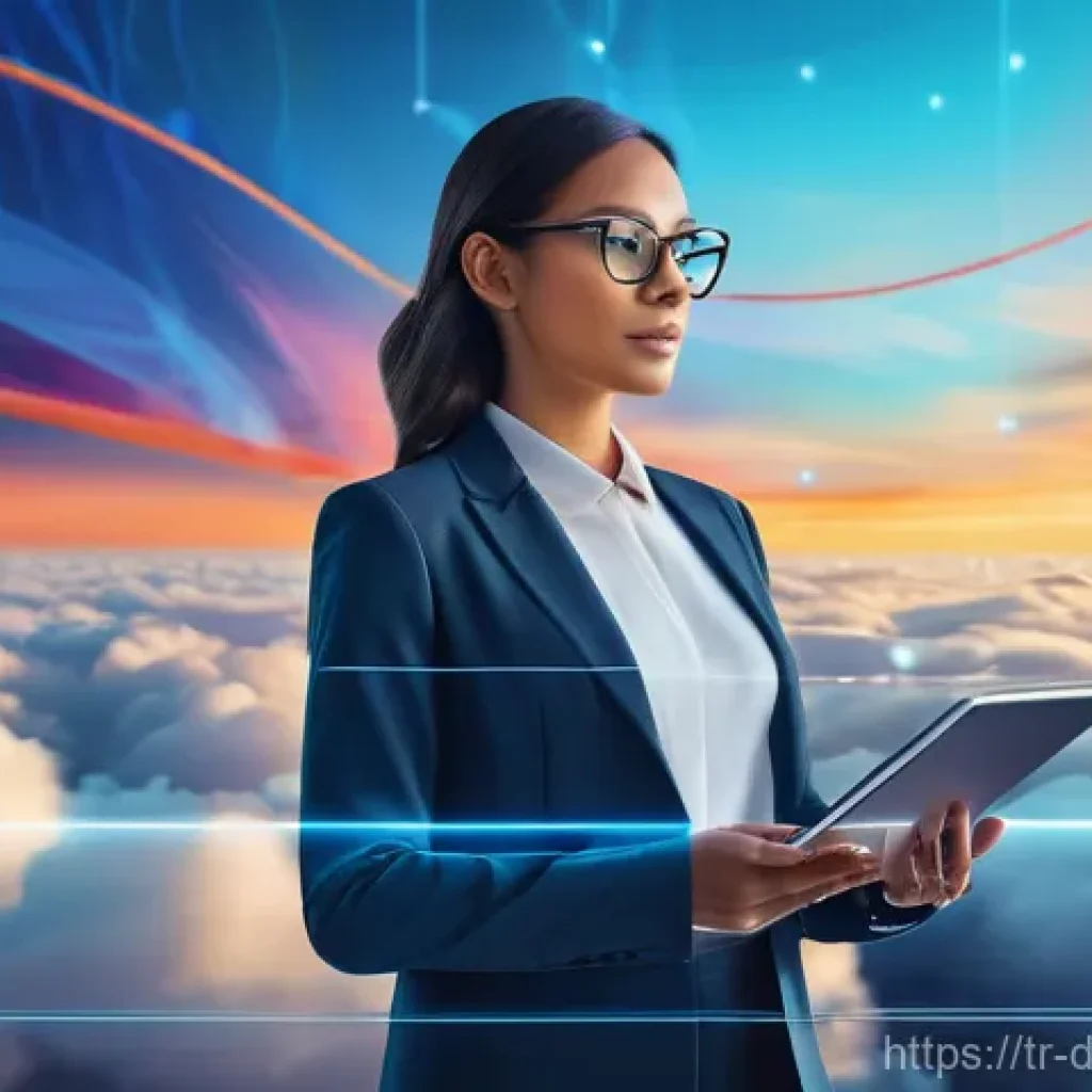 데이터 수집을 위한 클라우드 서비스 비교 - A determined female data strategist, dressed in smart business attire, stands confidently on a trans...