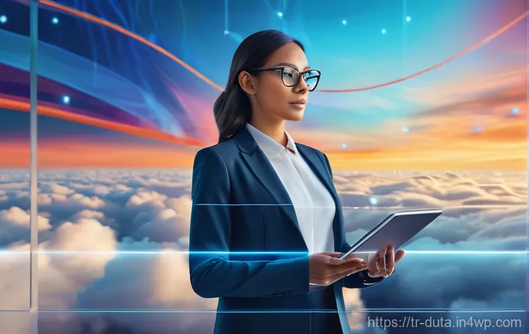 데이터 수집을 위한 클라우드 서비스 비교 - A determined female data strategist, dressed in smart business attire, stands confidently on a trans...