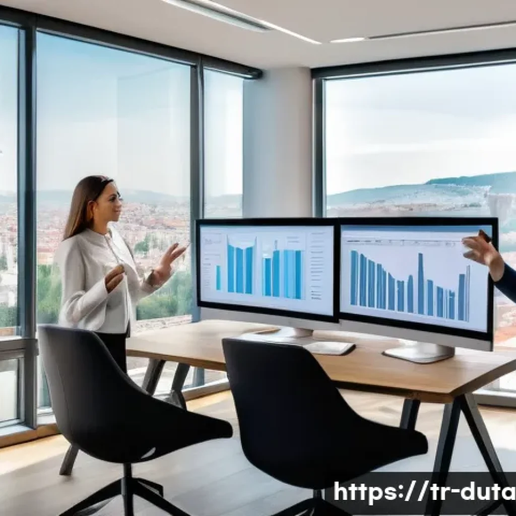 데이터 수집 프로젝트의 목표 설정하기 - A modern office scene in Istanbul with a diverse team of professionals focused on a large digital sc...