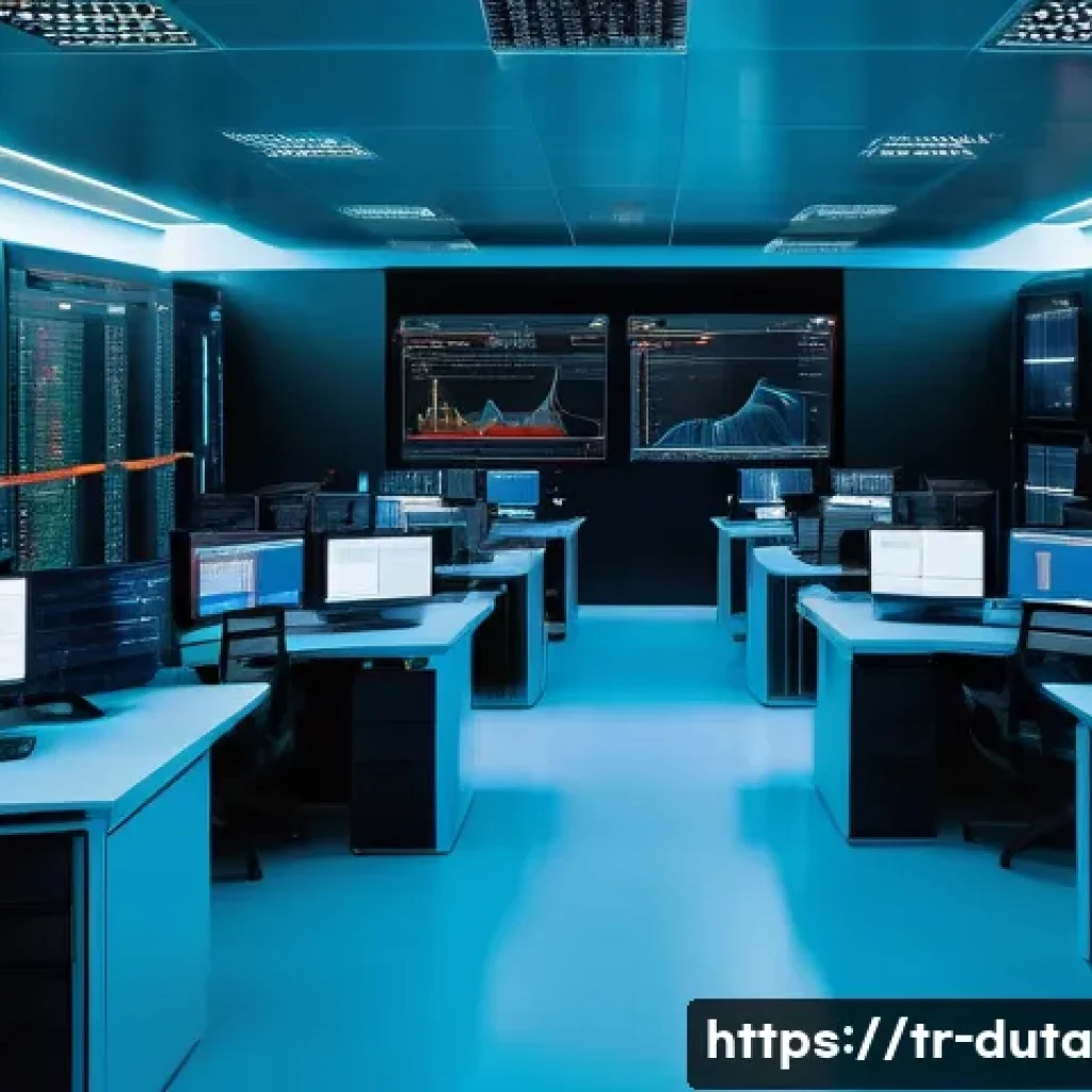 데이터 수집을 위한 네트워크 설정하기 - A high-tech network operations center in Istanbul with modern routers and switches on racks, multipl...