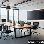 Home 20 데이터 수집 도구 비교 분석 - A modern Turkish office setting with professionals collaborating around a sleek conference table, us...