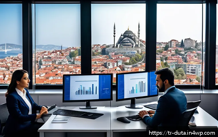 효과적인 데이터 수집을 위한 전략적 접근 - A modern Turkish office setting where a diverse team of professionals is collaboratively analyzing d...